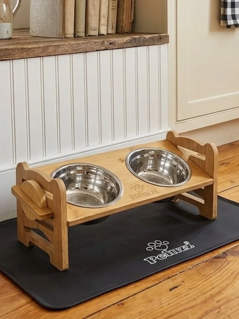 Bamboo Raised Feeder with Bowls and Mat